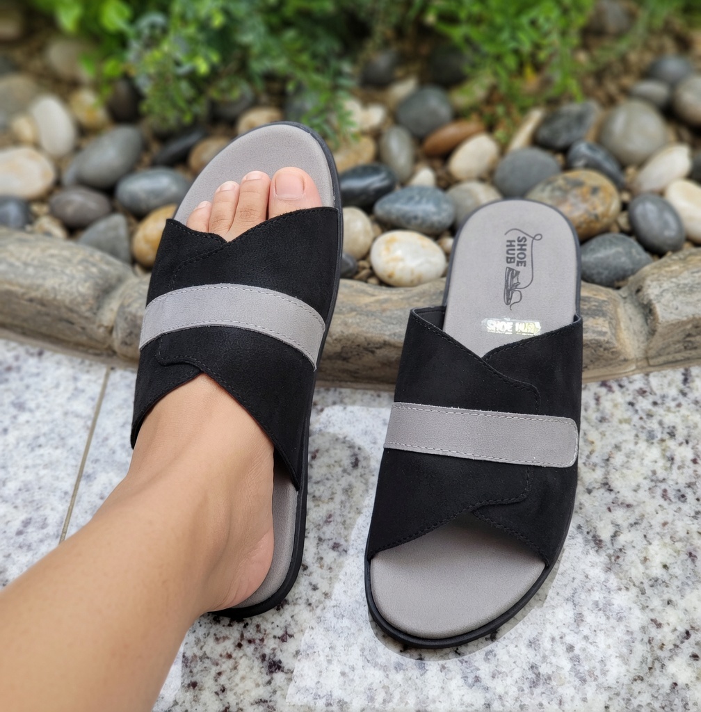 black and ash swede leather premium unique slides for men.