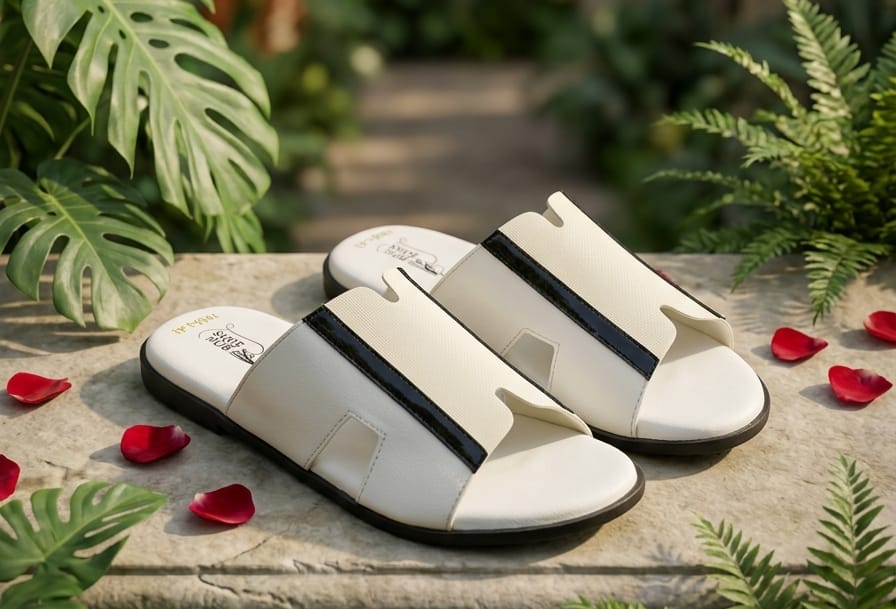 Liniar shape (white) slide black sool punjabi sandels for men. - Image 2