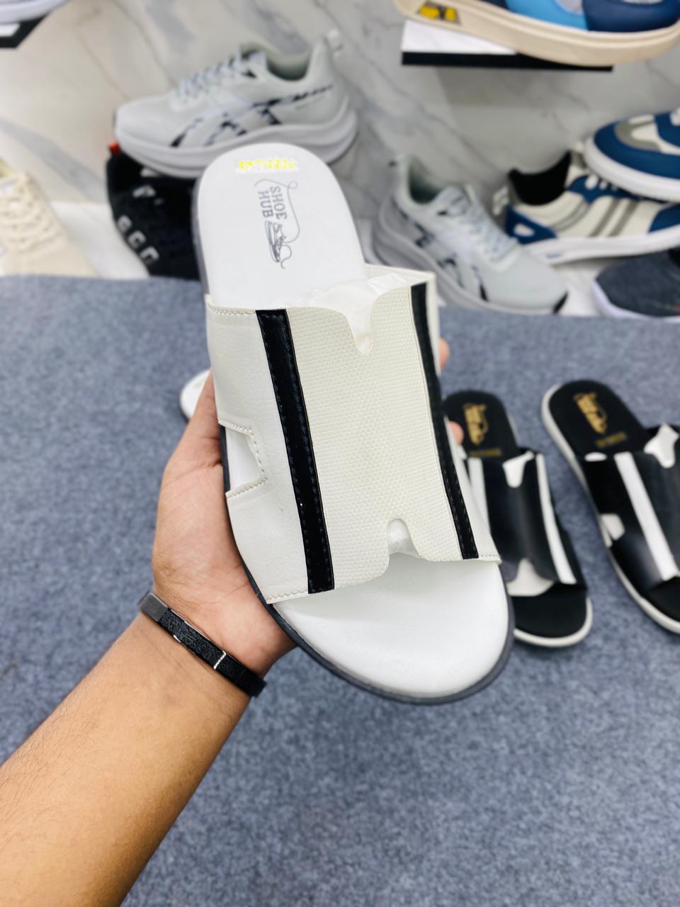 Liniar shape (white) slide black sool punjabi sandels for men. - Image 4