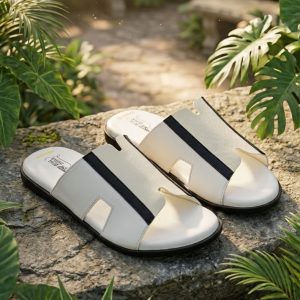 Liniar shape (white) slide black sool punjabi sandels for men.