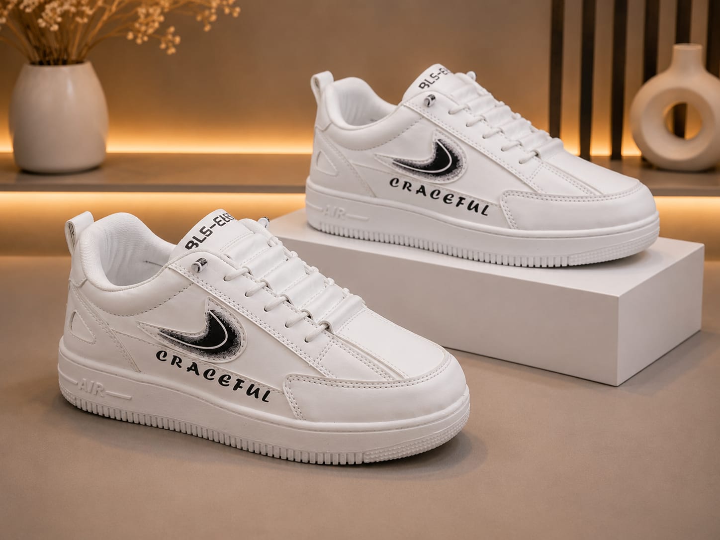 white craceful design lace free lightweight sneakers for men. - Image 3