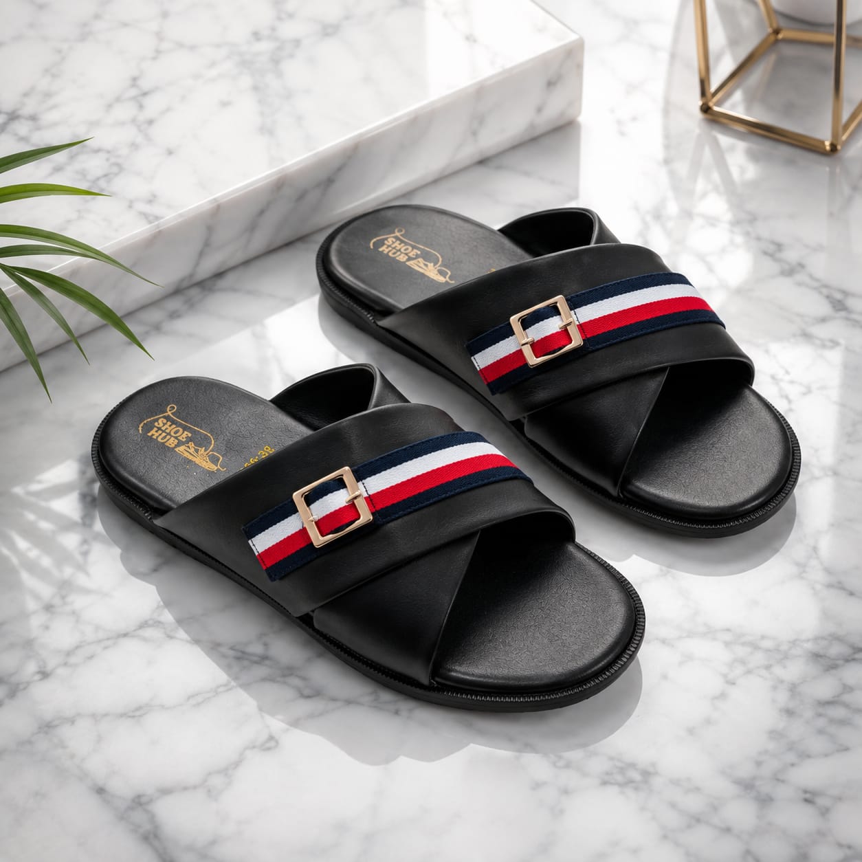 Buckel premium leather (black) tri strip slides for men. - Image 2