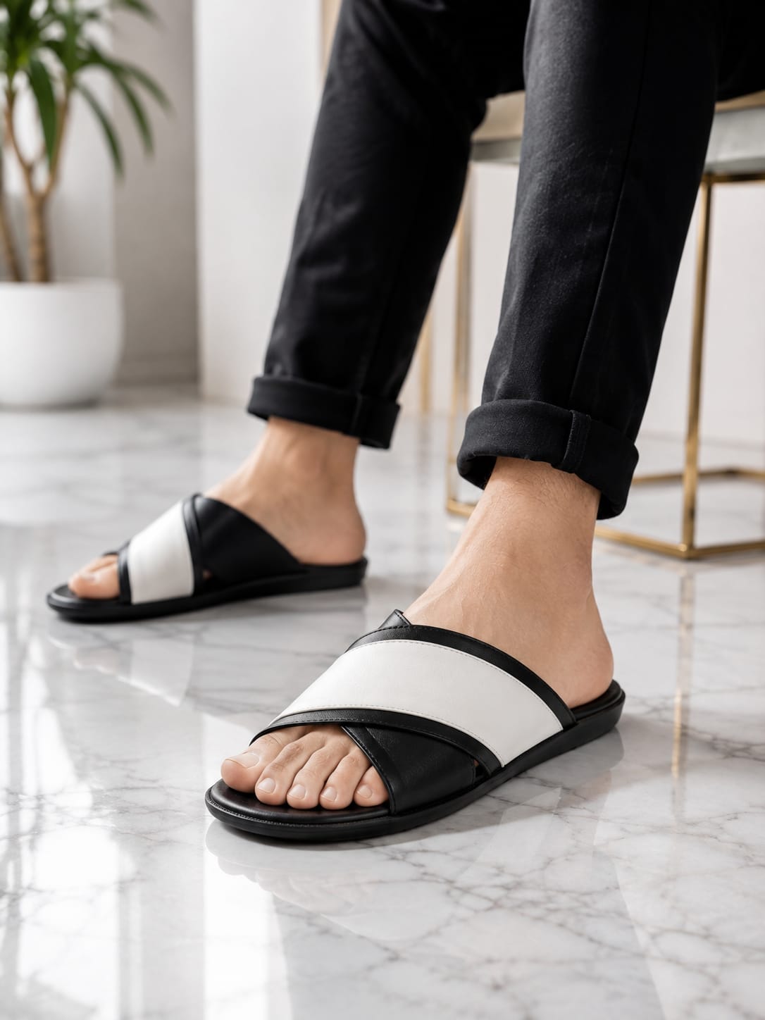 Black white two tone premium leather sandals for men. - Image 3