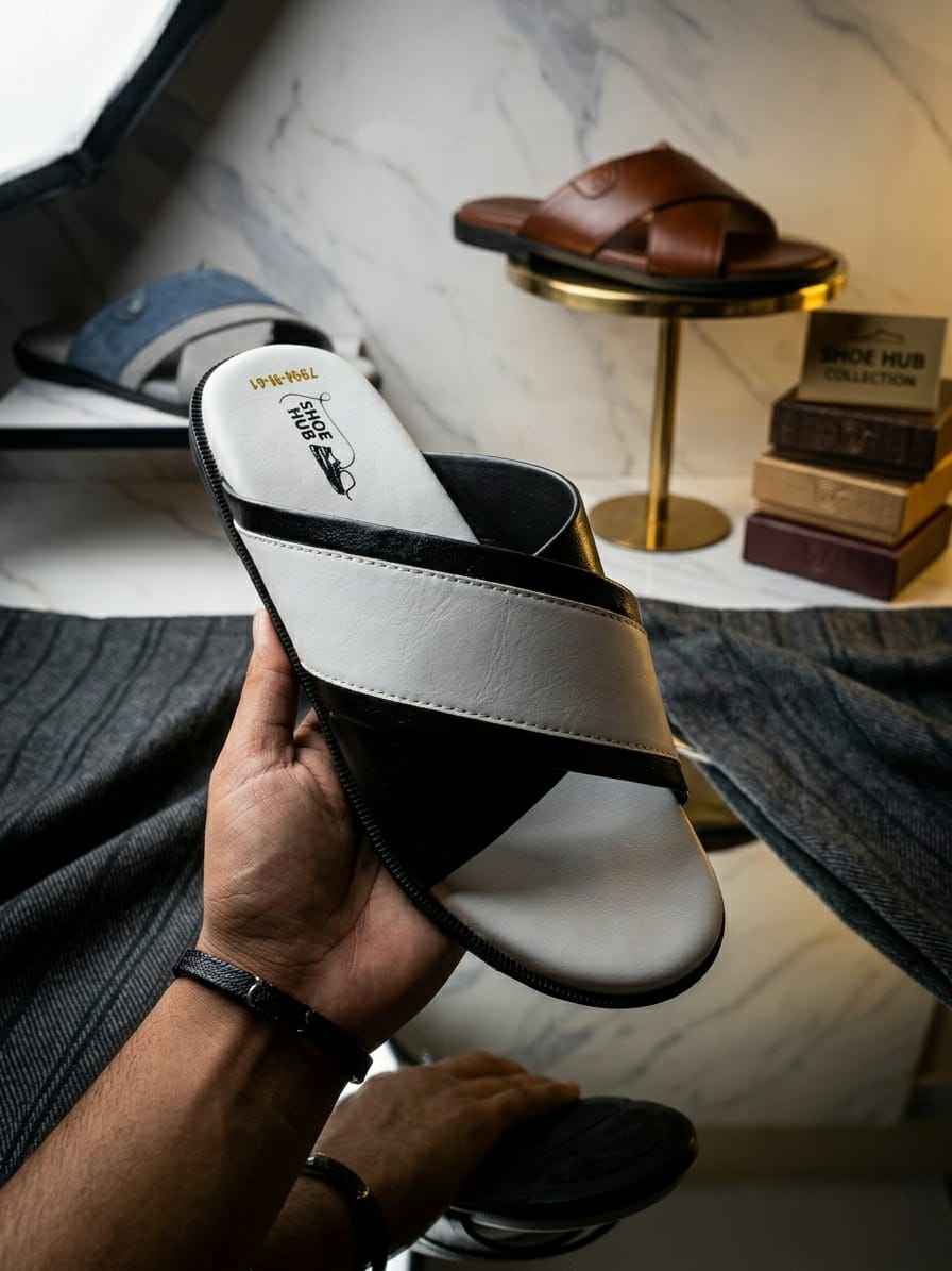 Black white two tone premium leather sandals for men. - Image 4