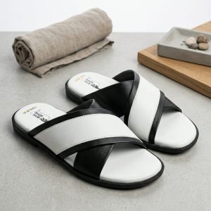 Black white two tone premium leather sandals for men.