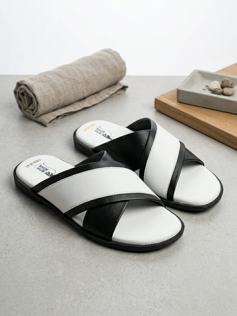 Black white two tone premium leather sandals for men.