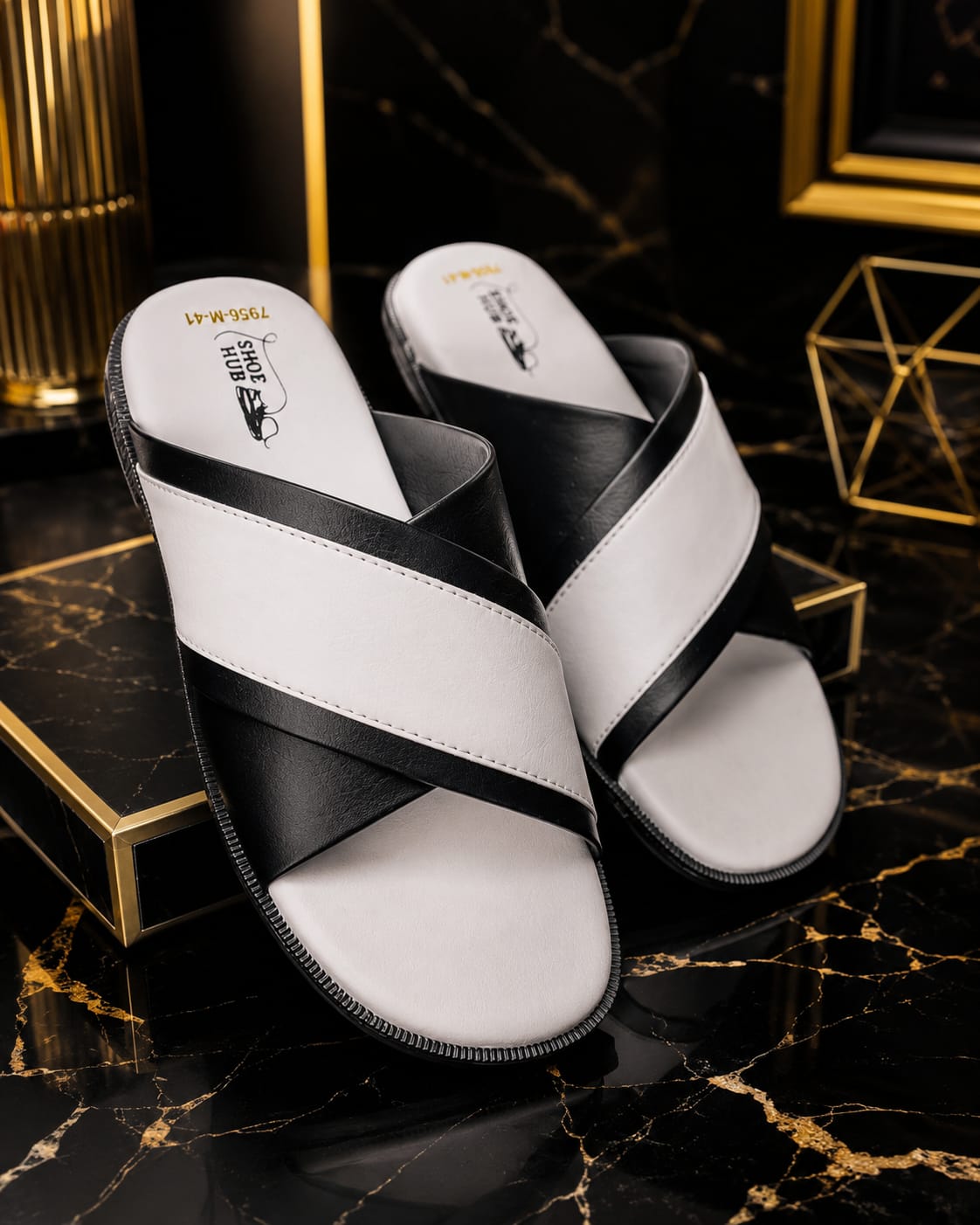 Black white two tone premium leather sandals for men. - Image 2