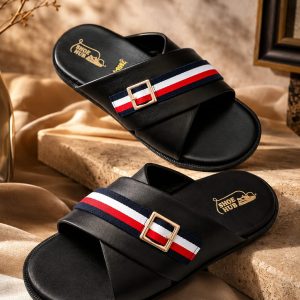 Buckel premium leather (black) tri strip slides for men.