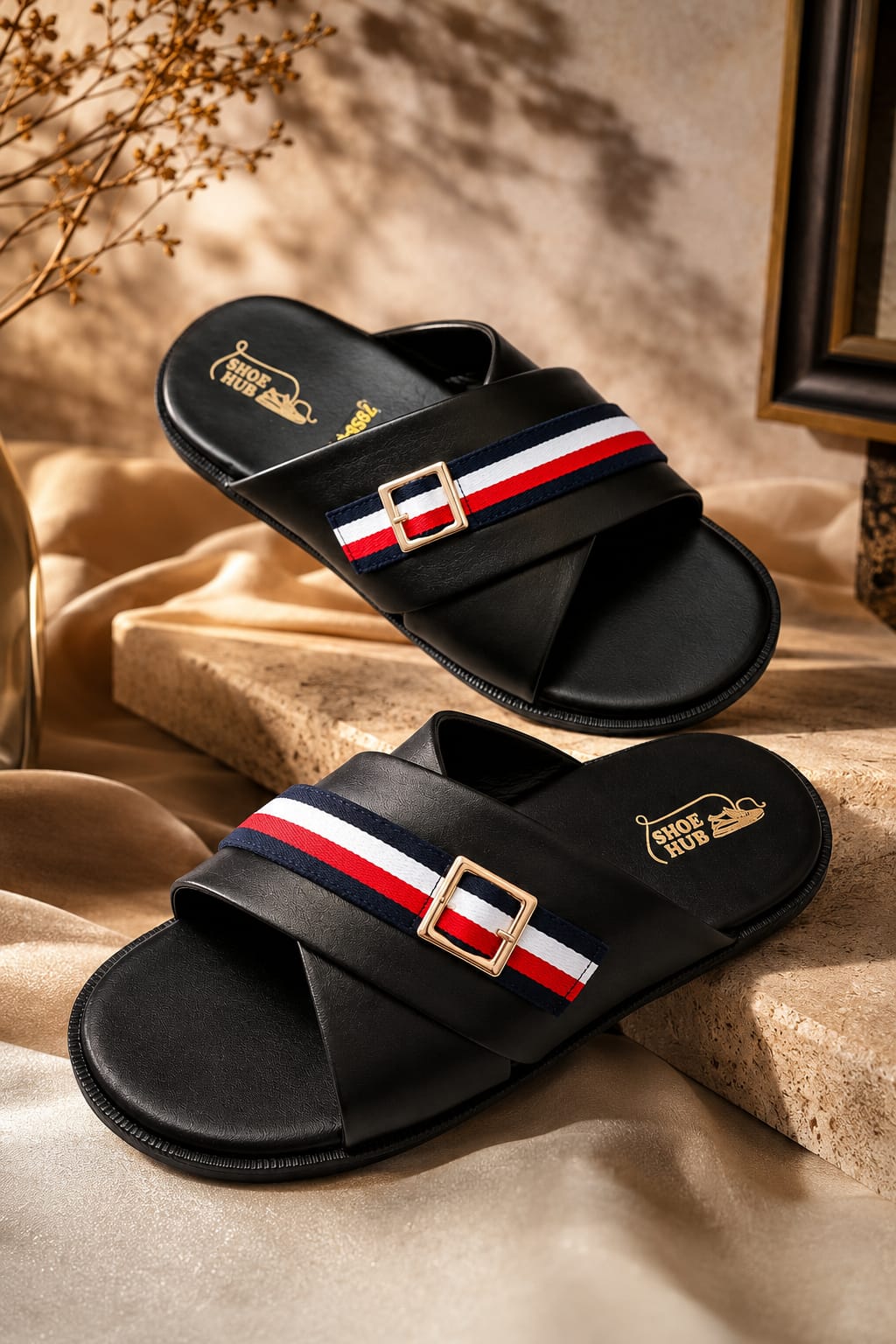 Buckel premium leather (black) tri strip slides for men.