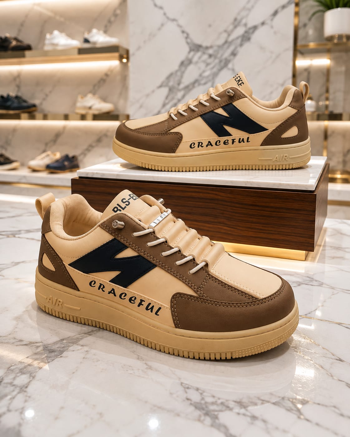 Brown N design lace free lightweight sneakers for men.